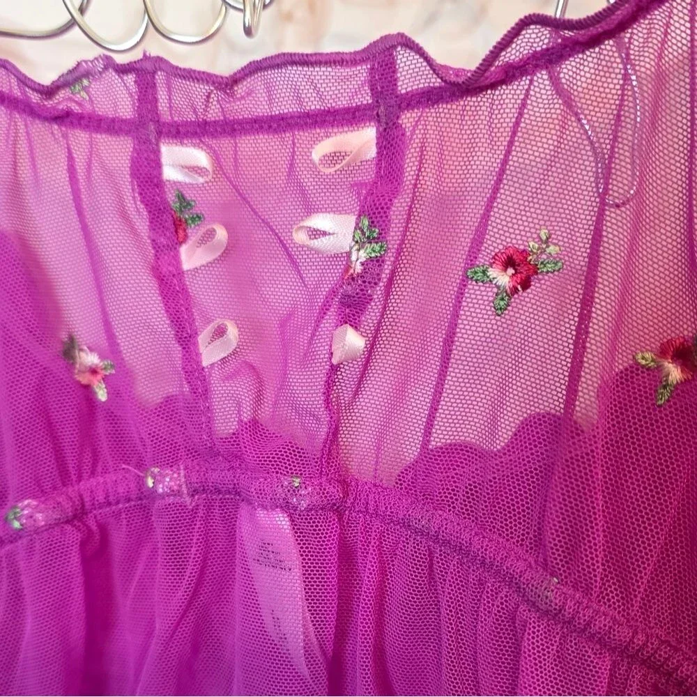 Victoria's Secret Sheer Fushia Purple Floral Lingerie Chemise Ruffle Size Medium